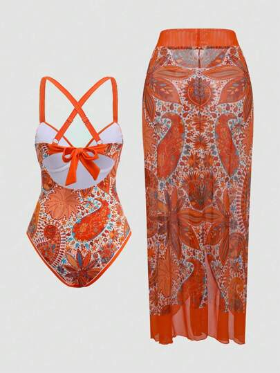 Swim Oasis فستان سباحة من قطعة واحدة بتصميم محدد بالطباعة ذات نغمة البرتقالي مع تنورة كبيرة الحجم وكأس رافع، تصميم أنيق وبسيط للنساء
