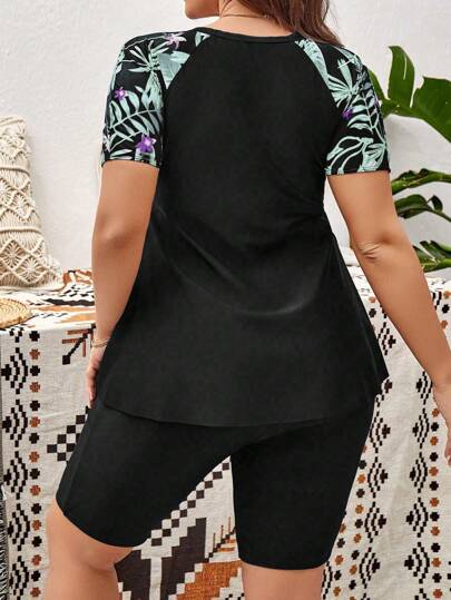 Swim Lushoire طقم بدلة حماية من الأشعة UVفائقة الحجم مطبوع بطباعة استوائية، مناسب للشاطئ في فصل الصيف