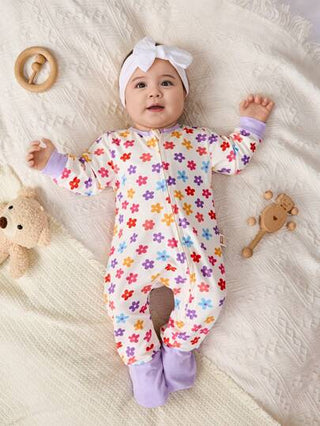 Cozy Pixies بدلة رومبر كريو رقبة مطبوعة بالنباتات والزهور طويلة الأكمام ناعمة للأطفال الرضع البنات مع بناطيل