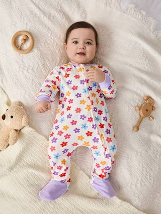 Cozy Pixies بدلة رومبر كريو رقبة مطبوعة بالنباتات والزهور طويلة الأكمام ناعمة للأطفال الرضع البنات مع بناطيل