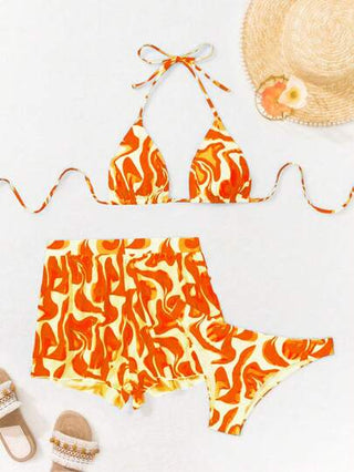 Swim Vcay بيكيني نسائي مطبوع بالكامل وشورت لتغطية مع حمالة صدر وسروال داخلي، للصيف والشاطئ والعطلات
