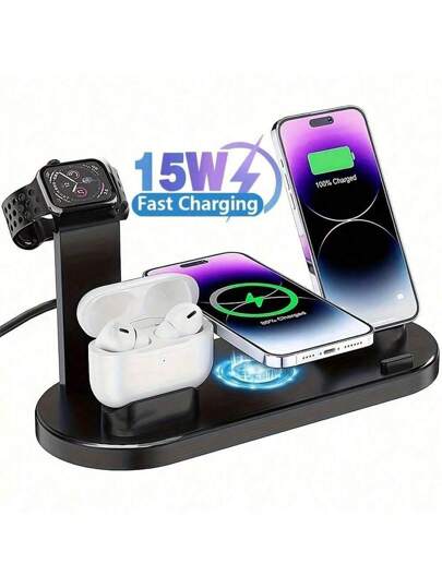 AmSengo محطة شحن لاسلكية عالية السرعة - شحن متوافق مع آيفون بسهولة، وحل متكامل أنيق لتوفير أقصى راحة. متوافق مع آيفون 16، 15، 14، 13، 12، 11، X، 8 برو ماكس/برو/مني/بلس، متوافق مع ساعة آيووتش، متوافق مع ايربودز. مناسب للمكتب والسكن والمنزل.
