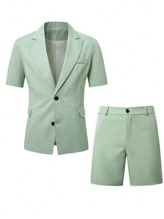 Manfinity Bizformal بذلة رجالية قصيرة الأكمام مناسبة للصيف، وشورت بذلة، مناسبة للاستخدام اليومي والحفلات الرسمية
