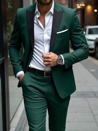 Manfinity Homme بدلة رجالي صلبة كاجوال مكونة من سترة بياقة قبنة وبنطال بجيوب مائلة