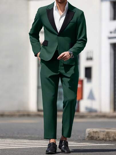 Manfinity Homme بدلة رجالي صلبة كاجوال مكونة من سترة بياقة قبنة وبنطال بجيوب مائلة