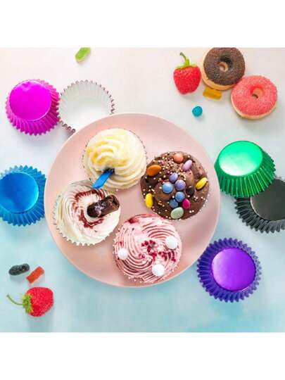 100/200 قطعة من أكواب الكب كيك المطلية بالرقائق المتعددة الألوان ، و أكواب الخبز المقاومة للشحوم،مقاس قياسي للزينة في الأعراس وأعياد الميلاد والحفلات (2 * 1.25 بوصة)