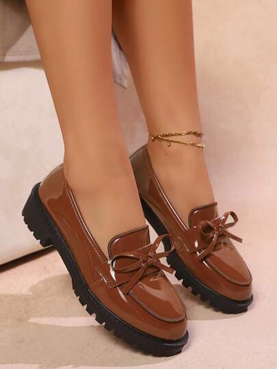 2025 خريف أنيق ربطة عقدة الفراشة كاجوال متعددة الاستخدامات، كعب سميك، أحذية لوفر نسائية بمقاس إضافي