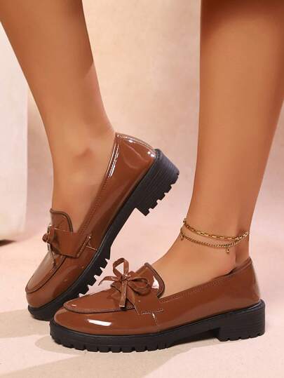 2025 خريف أنيق ربطة عقدة الفراشة كاجوال متعددة الاستخدامات، كعب سميك، أحذية لوفر نسائية بمقاس إضافي