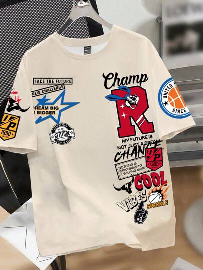 Manfinity Joysei 3 قطع تيشيرتات رجالية باللون الأسود والأبيض والخاكي، تصميم بسيط بطبعة حرف وأرنب، أكمام قصيرة وياقة طاقم