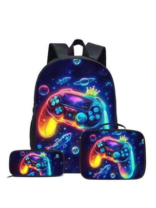 مجموعة حقيبة الظهر 3 قطع طقم ألوان نيون / أسود ومربع الغداء وحقيبة القلم والحقيبة التخزينية - مصنوعة من بوليستر قوي ، خفيف الوزن ، ألوان مختلطة عصرية