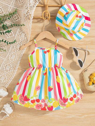 فستان قصير وقبعة دلو بنات رضيع ملون مزخرف بشرائط وطبعات الفاكهة