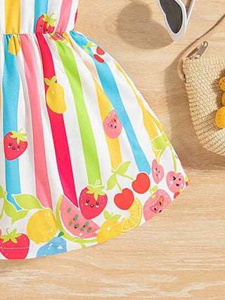 فستان قصير وقبعة دلو بنات رضيع ملون مزخرف بشرائط وطبعات الفاكهة