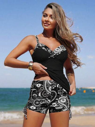 طقم تانكيني حريمي Swim Lushoire بكيني بيكيني بتصميم بيجامي مع شورت طويل للحماية مع طبعة باذنجاني مريح للاستخدام في البحر