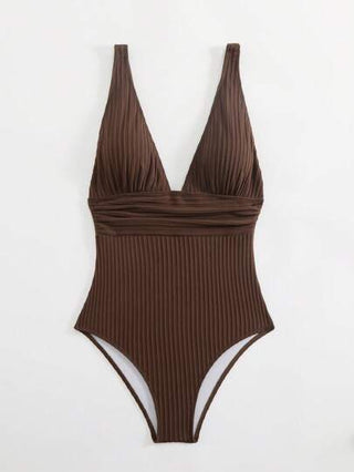 مايوه حريمي قطعة واحدة Swim Vcay بدلة سباحة قطعة واحدة لا راصة، بياقة عميقة على شكل حرف V، بخطوط، بلون أحادي متجانس