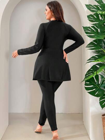 Swim Mulvari طقم بوركيني للسيدات بمقاسات كبيرة، سترة طويلة الأكمام وبنطال ذات لون واحد ،ذو سوستة