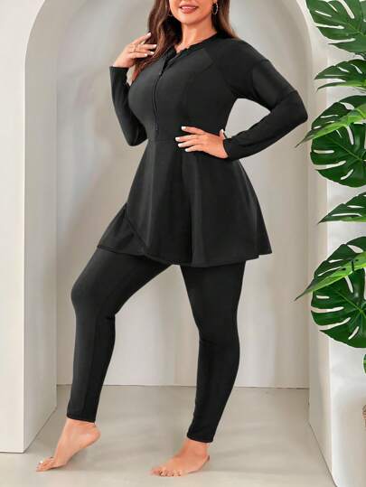 Swim Mulvari طقم بوركيني للسيدات بمقاسات كبيرة، سترة طويلة الأكمام وبنطال ذات لون واحد ،ذو سوستة