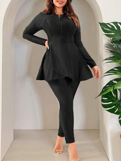 Swim Mulvari طقم بوركيني للسيدات بمقاسات كبيرة، سترة طويلة الأكمام وبنطال ذات لون واحد ،ذو سوستة