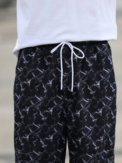 Manfinity Homme بنطلون شحن كاجوال للرجال بتصميم صبغ التعتيق، خصر مرن،ساق مستقيمة