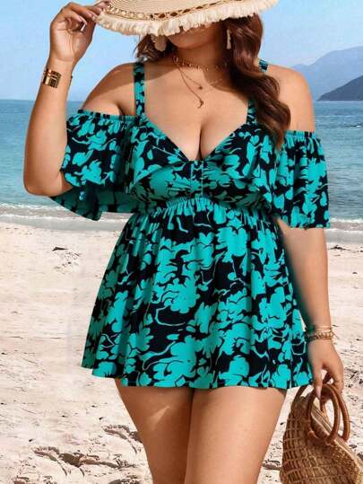 Swim Lushoire بدلة سباحة مودستة و أنيقة من قطعتين بطبعات عشوائية وكتف منحرف وأربطة قابلة للتعديل للسمينات