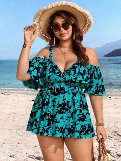 Swim Lushoire بدلة سباحة مودستة و أنيقة من قطعتين بطبعات عشوائية وكتف منحرف وأربطة قابلة للتعديل للسمينات