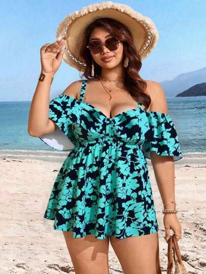 Swim Lushoire بدلة سباحة مودستة و أنيقة من قطعتين بطبعات عشوائية وكتف منحرف وأربطة قابلة للتعديل للسمينات