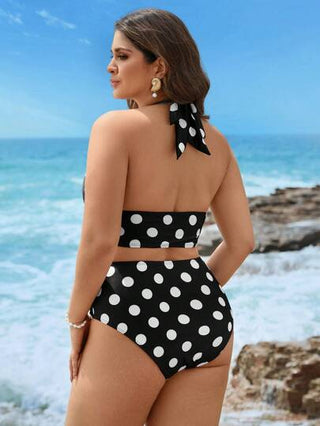 Swim Lushoire طقم تانكيني نسائي كبير الحجم ذو رقبة على شكل V مطبوع بنقاط دائرية مربوط برباط ملابس علوية مع طيات وبطانة سفلية مطبوعة، مناسب للاستخدام اليومي العادي و في الأجازات الشاطئية