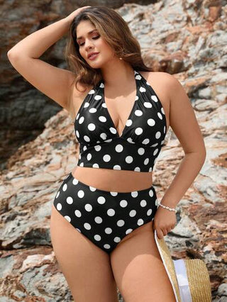 Swim Lushoire طقم تانكيني نسائي كبير الحجم ذو رقبة على شكل V مطبوع بنقاط دائرية مربوط برباط ملابس علوية مع طيات وبطانة سفلية مطبوعة، مناسب للاستخدام اليومي العادي و في الأجازات الشاطئية