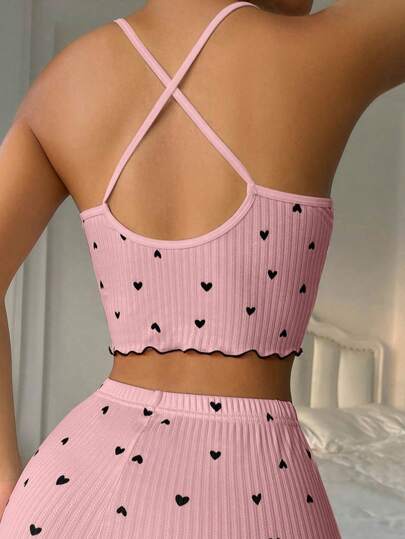 بيجامة علوية للنساء بطبعة قلوب وزينة فيونكة