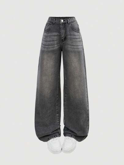 SHEIN Girlism بنطال جينز رمادي واسع الساق بتصميم عصري مريح للمراهقات، صيفي