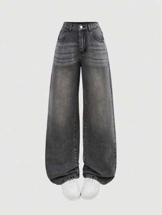 SHEIN Girlism بنطال جينز رمادي واسع الساق بتصميم عصري مريح للمراهقات، صيفي