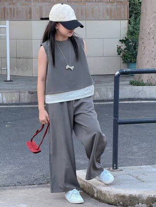 تيشيرتات بناتي DAZY مجموعتان لفتاة صغيرة، ملابس علوية بياقة مستديرة بدون أكمام + بنطلون ساق واسعة، ملابس صيفية