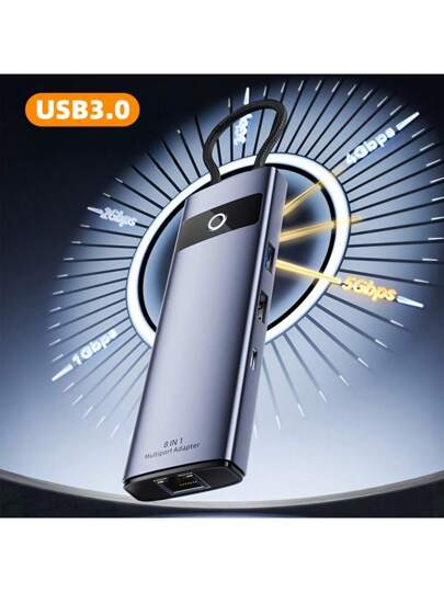 محول متعدد المنافذ USB-C 8 في 1 ذو وظيفة إيقاف الشاشة بلمسة واحدة، محطة إرساء توسيع النوع C عالية الدقة 4K للكمبيوتر المحمول