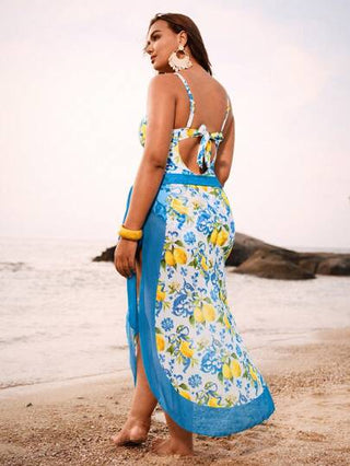 Swim Oasis طقم بحر 2 قطعة من مقاسات كبيرة بطباعة عشوائية للفواكه وأشرطة مربوطة مع غطاء متوافق بطباعة الفواكه المشبك، طقم صيفي أنيق للشاطئ