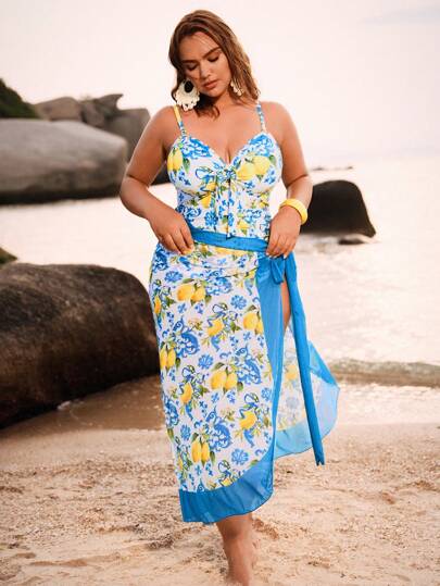 Swim Oasis طقم بحر 2 قطعة من مقاسات كبيرة بطباعة عشوائية للفواكه وأشرطة مربوطة مع غطاء متوافق بطباعة الفواكه المشبك، طقم صيفي أنيق للشاطئ