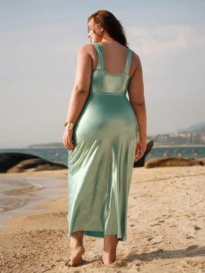 Swim Oasis مجموعة ملابس شاطئ للسيدات بحجم كبير قطعتين، بدلة السباحة قطعة واحدة بياقة على شكل حرف V مع تنورة مطابقة كستر، للاستخدام اليومي الصيفي