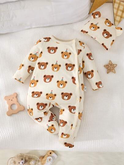 SHEIN مجموعة من قطعتين للأطفال الرضع الأولاد من إنتاج دوزاموتور: جمبسوت قطنية مزخرفة برسم الدبدوب مع كابات وبنطلون، أطقم ملابس قطنية مريحة وكاجوال