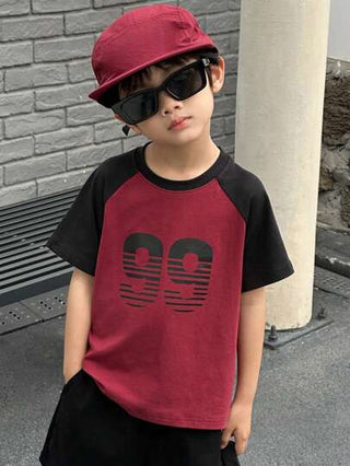 DAZY قميص تي شيرت كاجوال أكمام قصيرة للأولاد ذو تصميم كتلة الألوان مع طباعة الأرقام