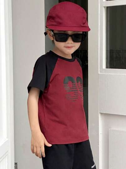 DAZY قميص تي شيرت كاجوال أكمام قصيرة للأولاد ذو تصميم كتلة الألوان مع طباعة الأرقام