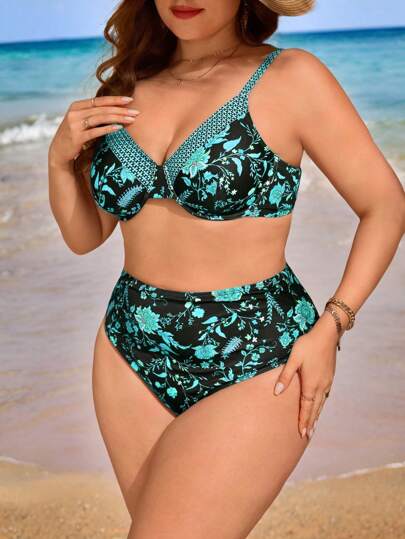 Swim Lushoire بيكيني سفلي بطبعة زهور للسيدات ذوات القامة الممتلئة ذو خصر مرتفع بتصميم بسيط وأنيق