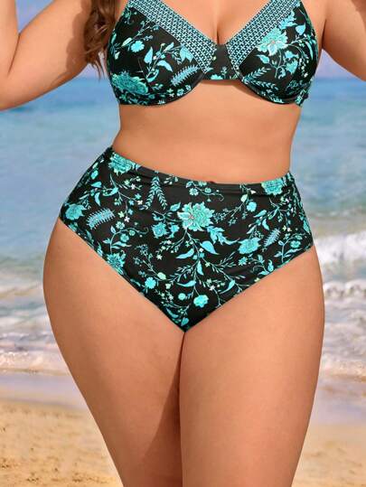 Swim Lushoire بيكيني سفلي بطبعة زهور للسيدات ذوات القامة الممتلئة ذو خصر مرتفع بتصميم بسيط وأنيق