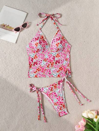 طقم تانكيني حريمي Swim Mod مجموعة من 2 قطعة للنساء من الكامي ذو طبعة زهرية جميلة وشورت مربوط من الجانبين ملابس عطلة وشاطئ