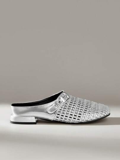 Cuccoo CUCCOO GRLICON أحذية نسائية بتصميم مخروم منسوج ذات إصبع قدم دائري مسطح، شبشب جلد فضي مريح وعصري، للإرتداء اليومي الكاجوال