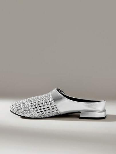 Cuccoo CUCCOO GRLICON أحذية نسائية بتصميم مخروم منسوج ذات إصبع قدم دائري مسطح، شبشب جلد فضي مريح وعصري، للإرتداء اليومي الكاجوال