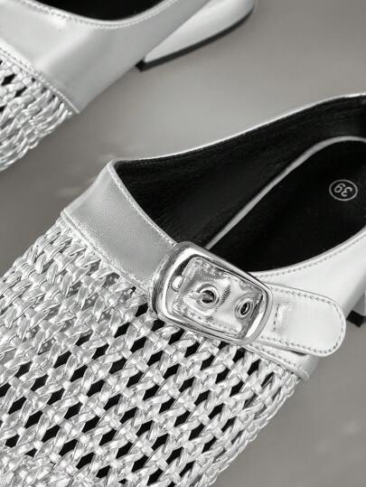 Cuccoo CUCCOO GRLICON أحذية نسائية بتصميم مخروم منسوج ذات إصبع قدم دائري مسطح، شبشب جلد فضي مريح وعصري، للإرتداء اليومي الكاجوال