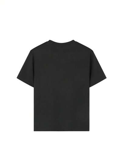 تيشرت أسود بياقة طاقم وأكمام قصيرة مطبوع عليه رياضة كرة السلة للأولاد المراهقين، 1 قطعة من الأعلى الصيفية للأطفال الكبار