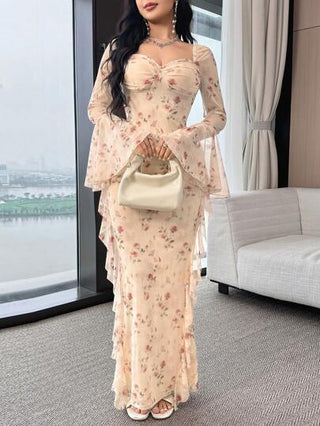 Modelyn فستان أنيق طويل الأكمام مطبوع بنقوش الزهور مع ياقة قلبية