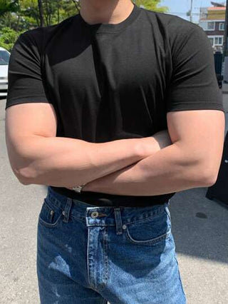 DAZY تي شيرت قصيرة الأكمام ضيقة باللون الأسود للرجال، للصيف