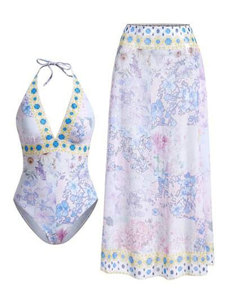 مايوه حريمي قطعة واحدة Swim Oasis بدلة سباحة نسائية بطبعات زهور مثيرة، قطعة واحدة بجيب وأزرار هالتر، مع غطاء متناسق ونصف تنورة للاستخدام في العطلات