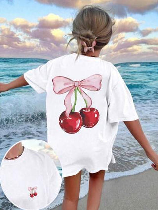 فستان للبنات مع طباعة عادية للياقة المستديرة وبلوزة قصيرة الأكمام للصيف ملابس الأطفال الصغار - بلوزة كرز مميزة بالقوس ستجعل الأطفال مبتسمين! قمصان صيفية ملابس للفتيات المراهقات ملابس صيفية للبنات