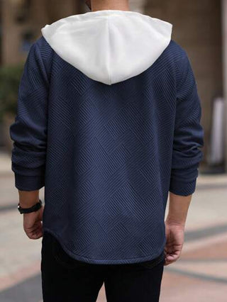 Manfinity Homme جاكيت رجالية ذات أكمام طويلة ذات صف واحد من الأزرار وجيب عملي مع غطاء قبعة بألوان متباينة